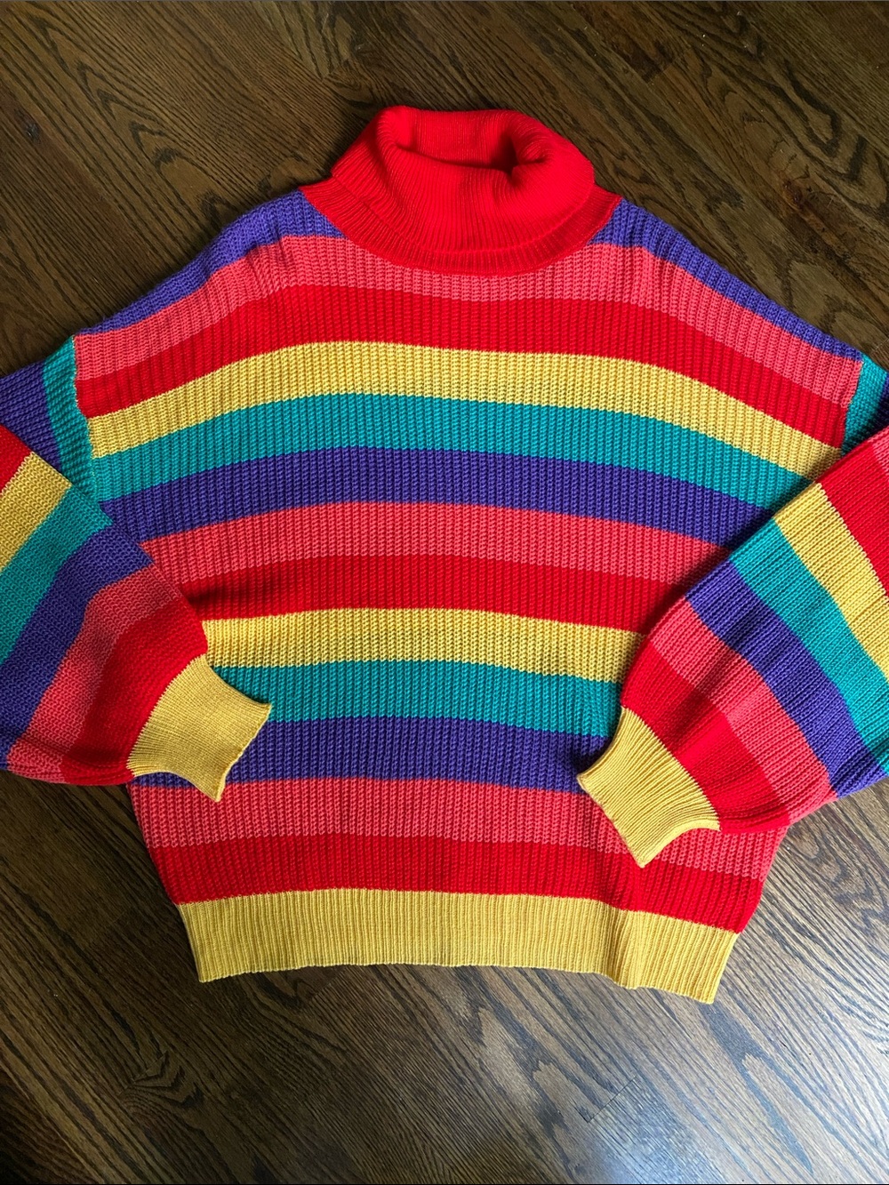 SHEIN Rainbow Striped Cowl Neck Sweater - Red, Yellow, Blue, Purple, Green, Pink